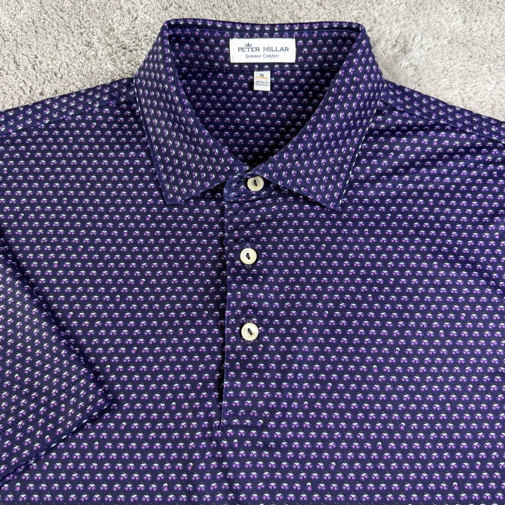 Peter Millar Summer Comfort Polo Mens M Purple Beer Print Stretch Golf Shirt